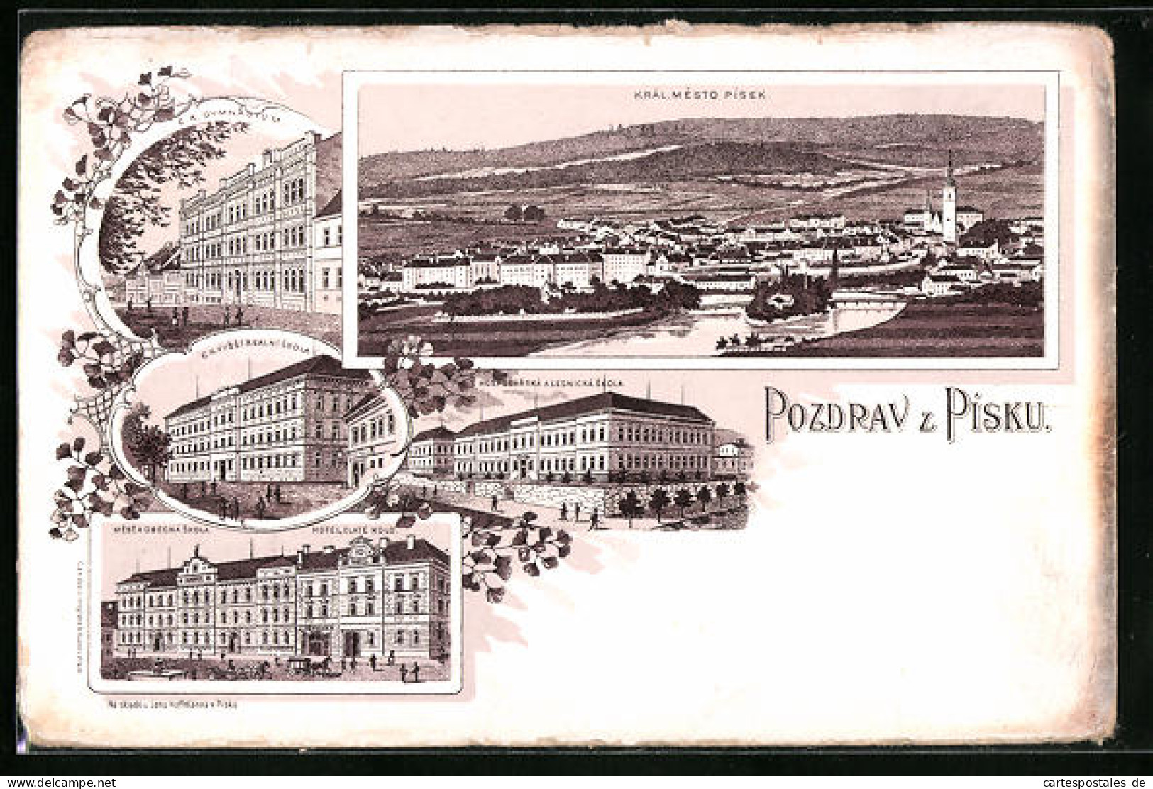 Lithographie Pisek, Celkovy Pohled, Kral. Mesto, C. K. Gymnasium, Hotel Zlate Kolo  - Tschechische Republik