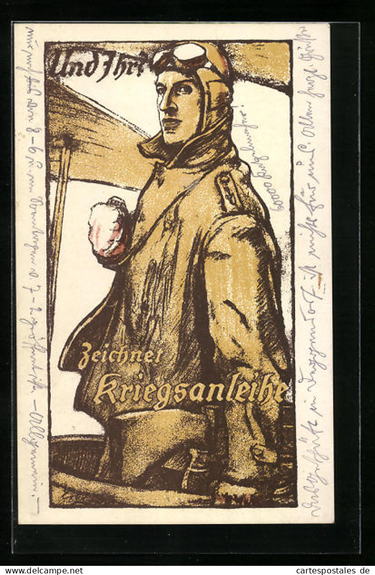 Künstler-AK Pilot In Seiner Fliegerjacke Und Brille, Zeichnung Der Kriegsanleihe  - Guerre 1914-18