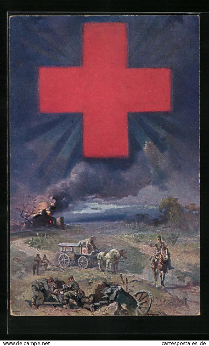 Künstler-AK Kriegszene Mit Brennendem Bauernhaus Und Verwundeten Soldaten, Rotes Kreuz  - Croce Rossa