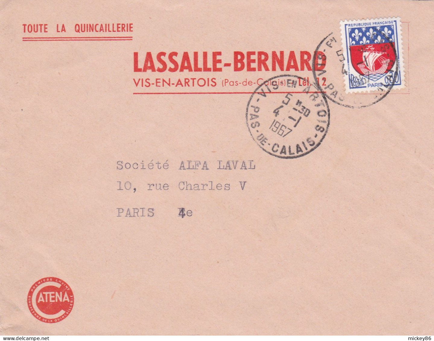 1967--lettre VIS EN ARTOIS-62  Pour PARIS 4° -tp Blason Paris, Cachet 4-1-1967--pub Quincaillerie LASSALLE-BERNARD - 1961-....