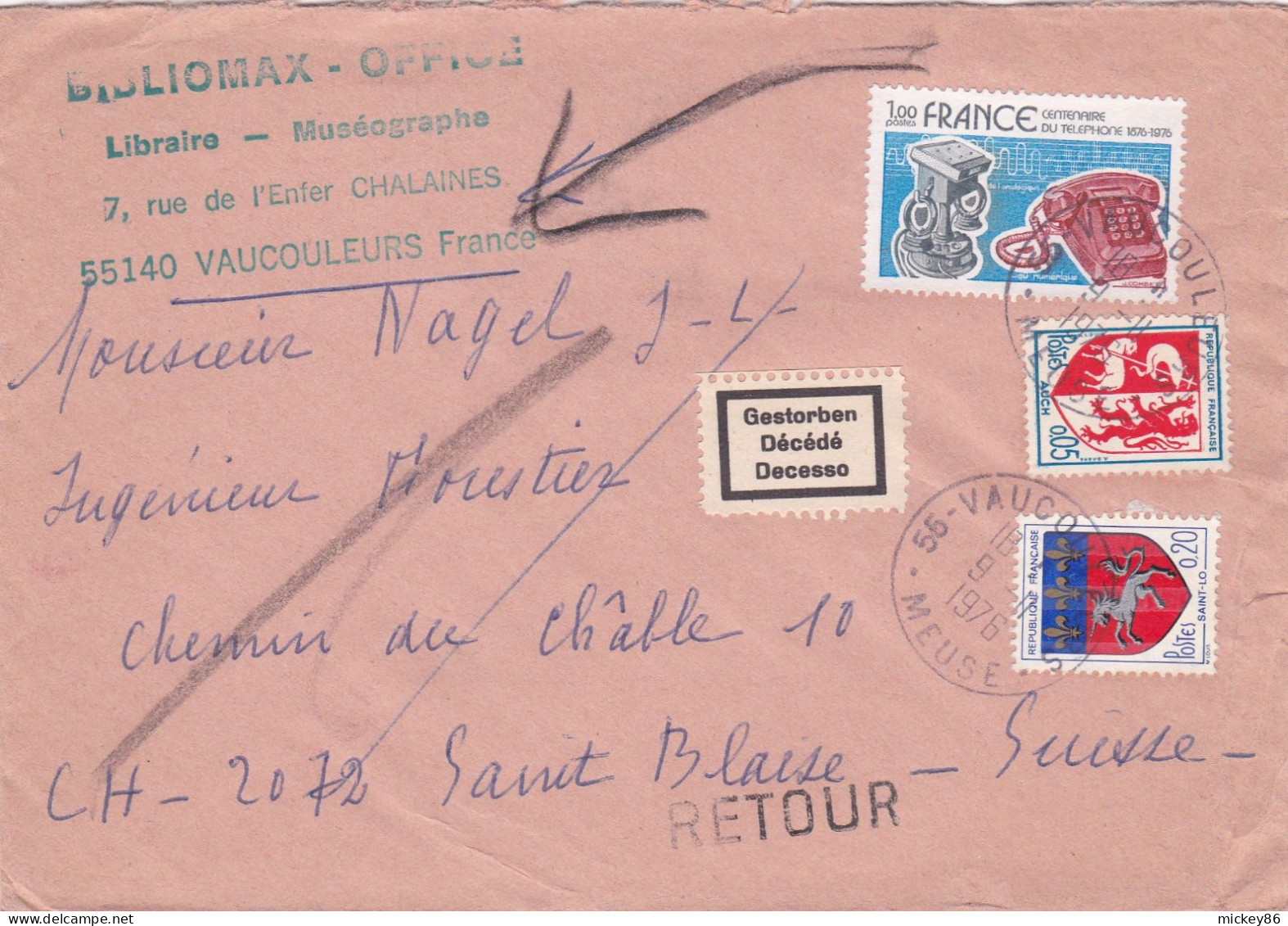 1976--lettre VAUCOULEURS-55  Pour SAINT BLAISE (Suisse ) -tps Blasons + Divers,cachet 9-11-1976--pub BIBLIOMAX-Décédé - 1961-....