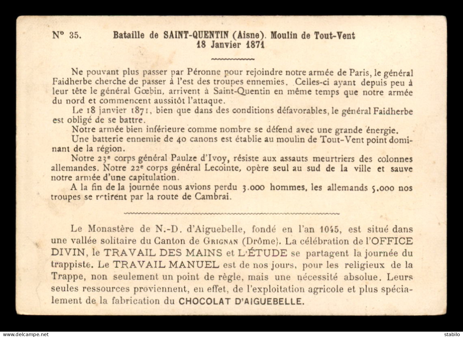 CHROMOS - CHOCOLATERIE D'AIGUEBELLE - BATAILLE DE ST-QUENTIN 1871 - FORMAT  13.5 X 9.5 CM - GUERRE DE 1870 - Aiguebelle