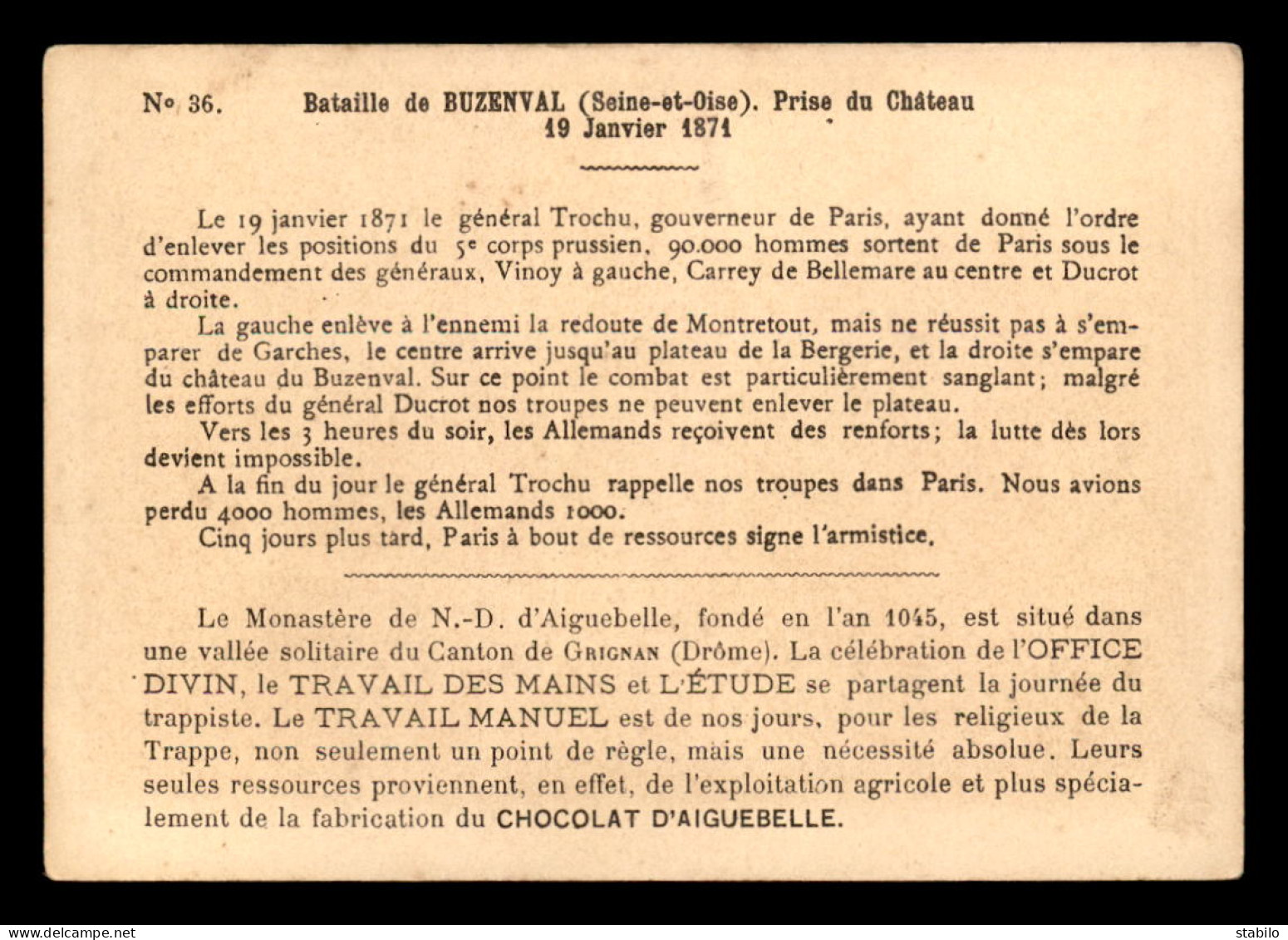 CHROMOS - CHOCOLATERIE D'AIGUEBELLE - BATAILLE DE BUZENVAL 1871 - FORMAT  13.5 X 9.5 CM - GUERRE DE 1870 - Aiguebelle