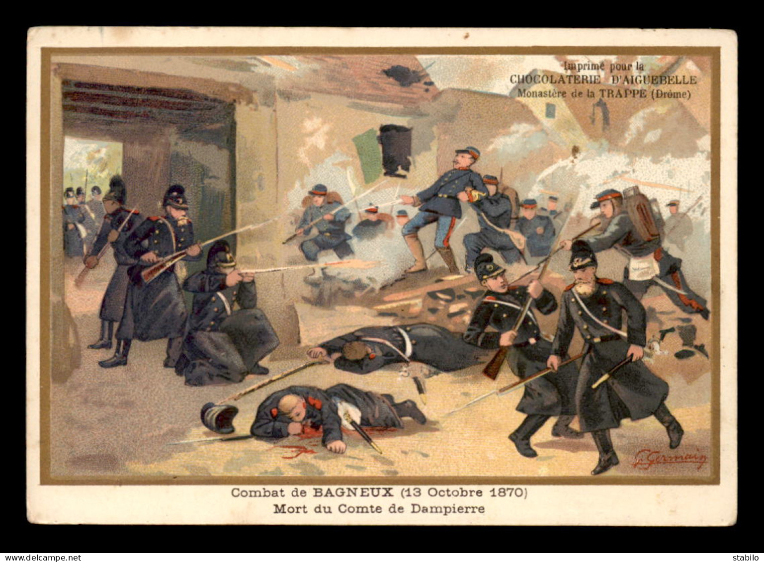 CHROMOS - CHOCOLATERIE D'AIGUEBELLE - COMBAT DE BAGNEUX 1870 - FORMAT  13.5 X 9.5 CM - GUERRE DE 1870 - Aiguebelle