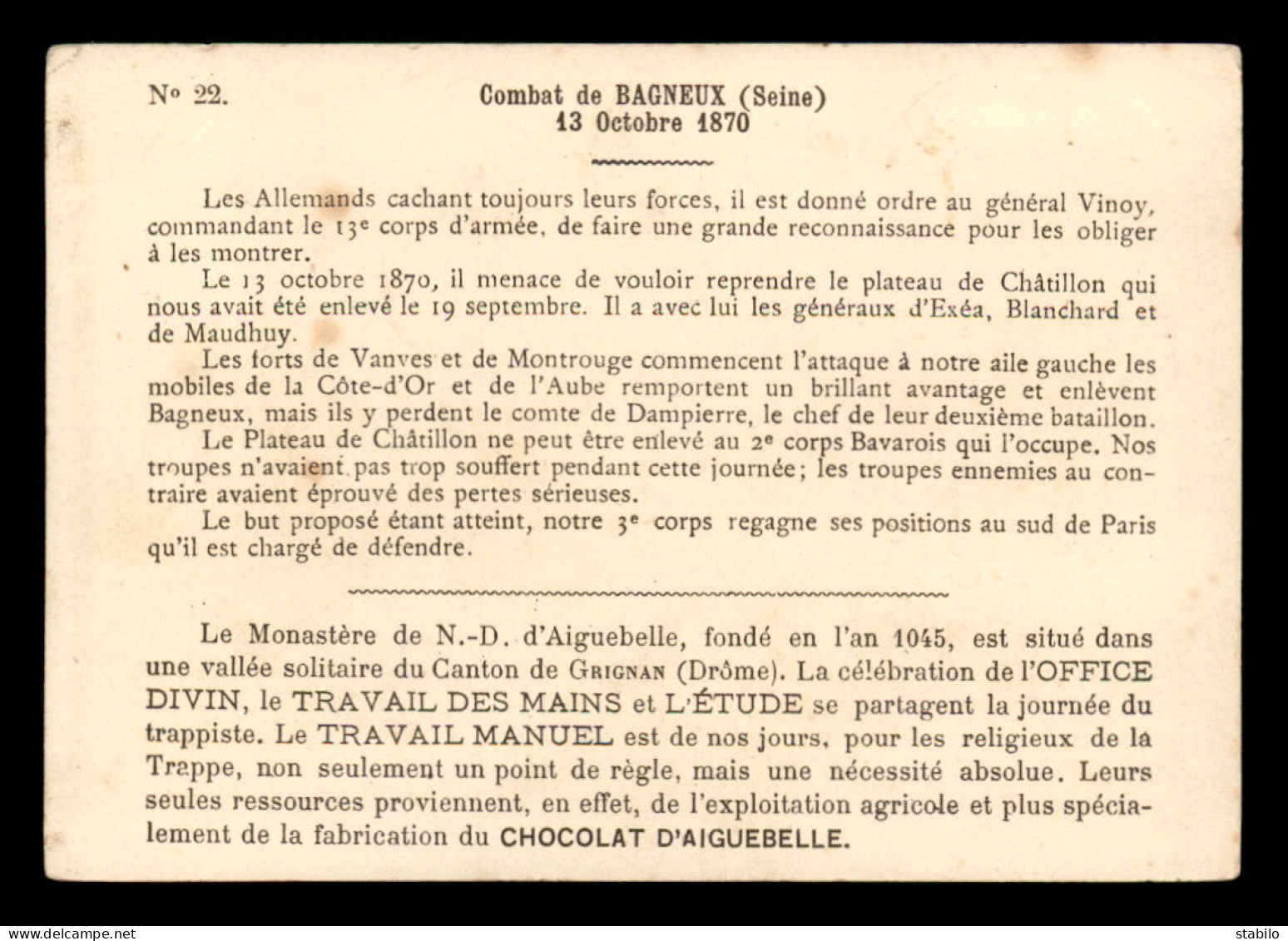 CHROMOS - CHOCOLATERIE D'AIGUEBELLE - COMBAT DE BAGNEUX 1870 - FORMAT  13.5 X 9.5 CM - GUERRE DE 1870 - Aiguebelle