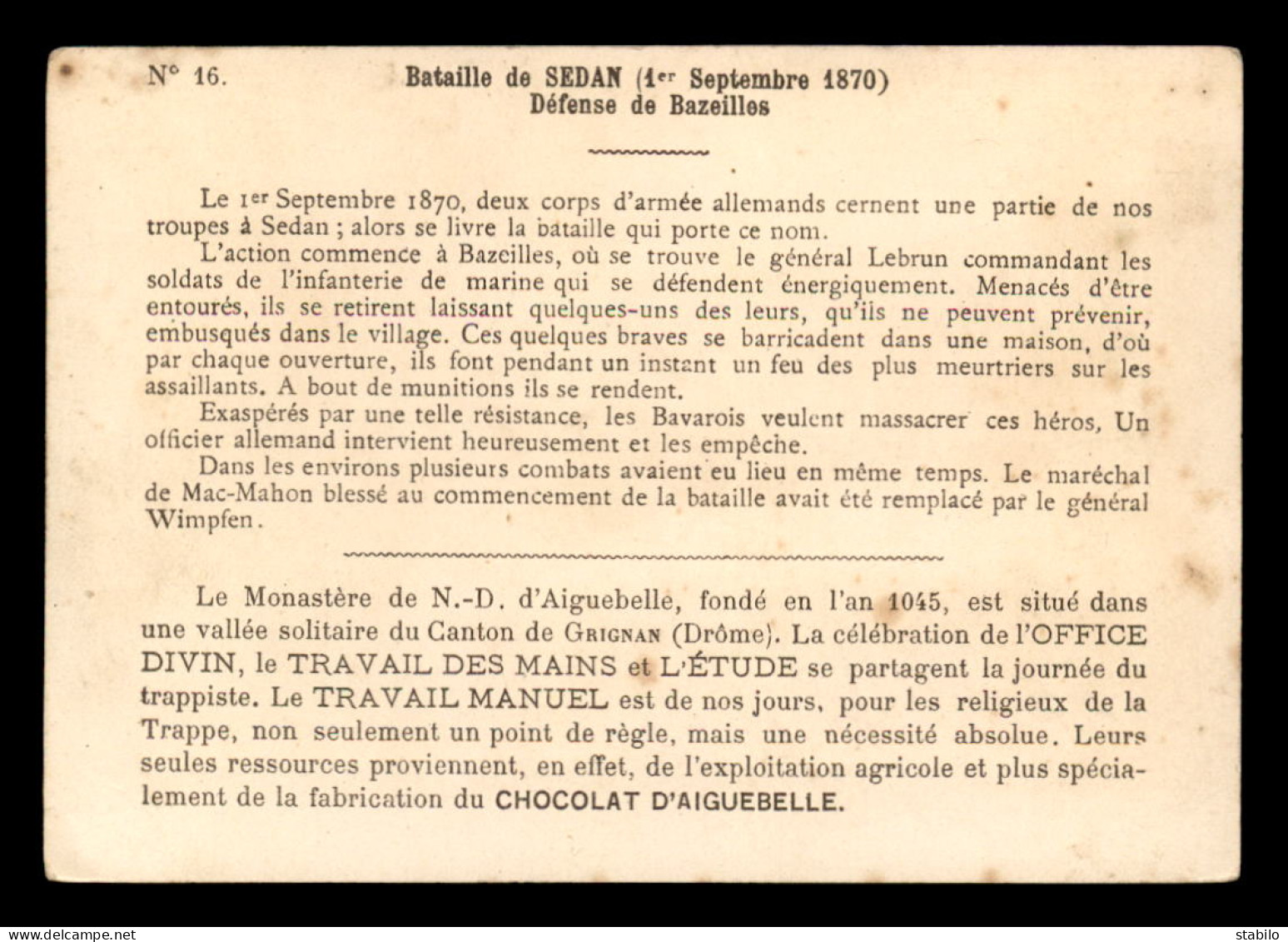 CHROMOS - CHOCOLATERIE D'AIGUEBELLE - BATAILLE DE SEDAN 1870 - FORMAT  13.5 X 9.5 CM - GUERRE DE 1870 - Aiguebelle