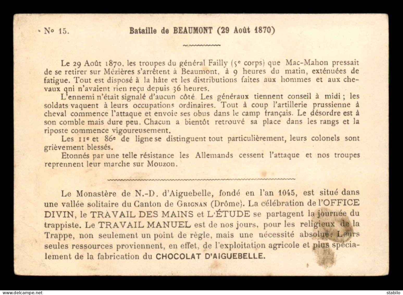 CHROMOS - CHOCOLATERIE D'AIGUEBELLE - BATAILLE DE BEAUMONT 1870 - FORMAT  13.5 X 9.5 CM - GUERRE DE 1870 - Aiguebelle