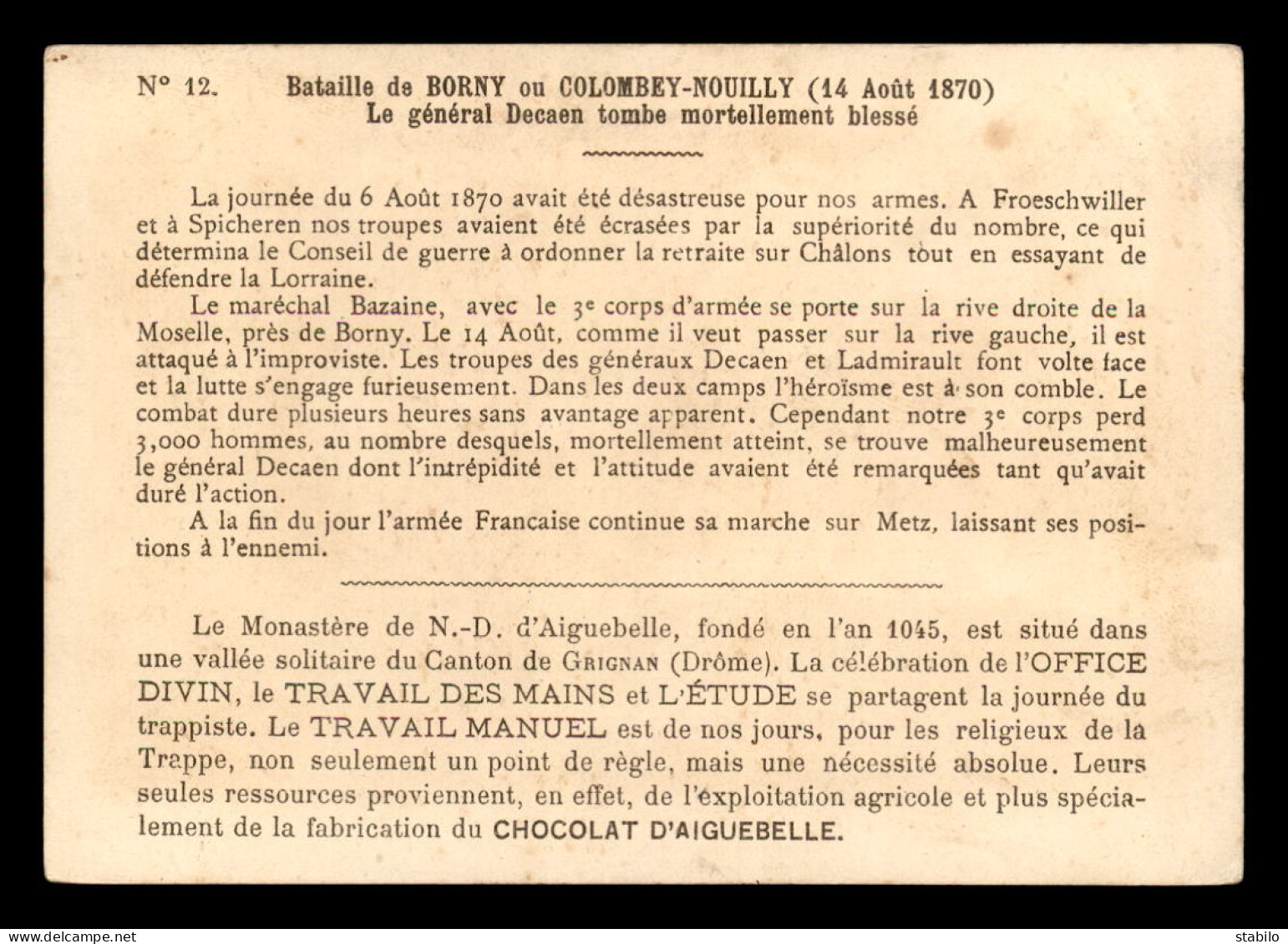 CHROMOS - CHOCOLATERIE D'AIGUEBELLE - BATAILLE DE BORNY 1870 - FORMAT  13.5 X 9.5 CM - GUERRE DE 1870 - Aiguebelle