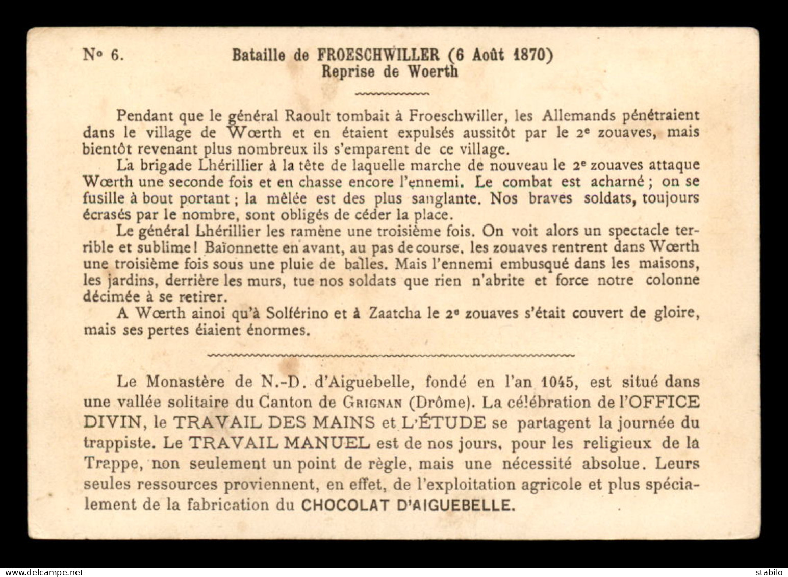 CHROMOS - CHOCOLATERIE D'AIGUEBELLE - BATAILLE DE FROESCHWILLER 1870 - FORMAT  13.5 X 9.5 CM - GUERRE DE 1870 - Aiguebelle