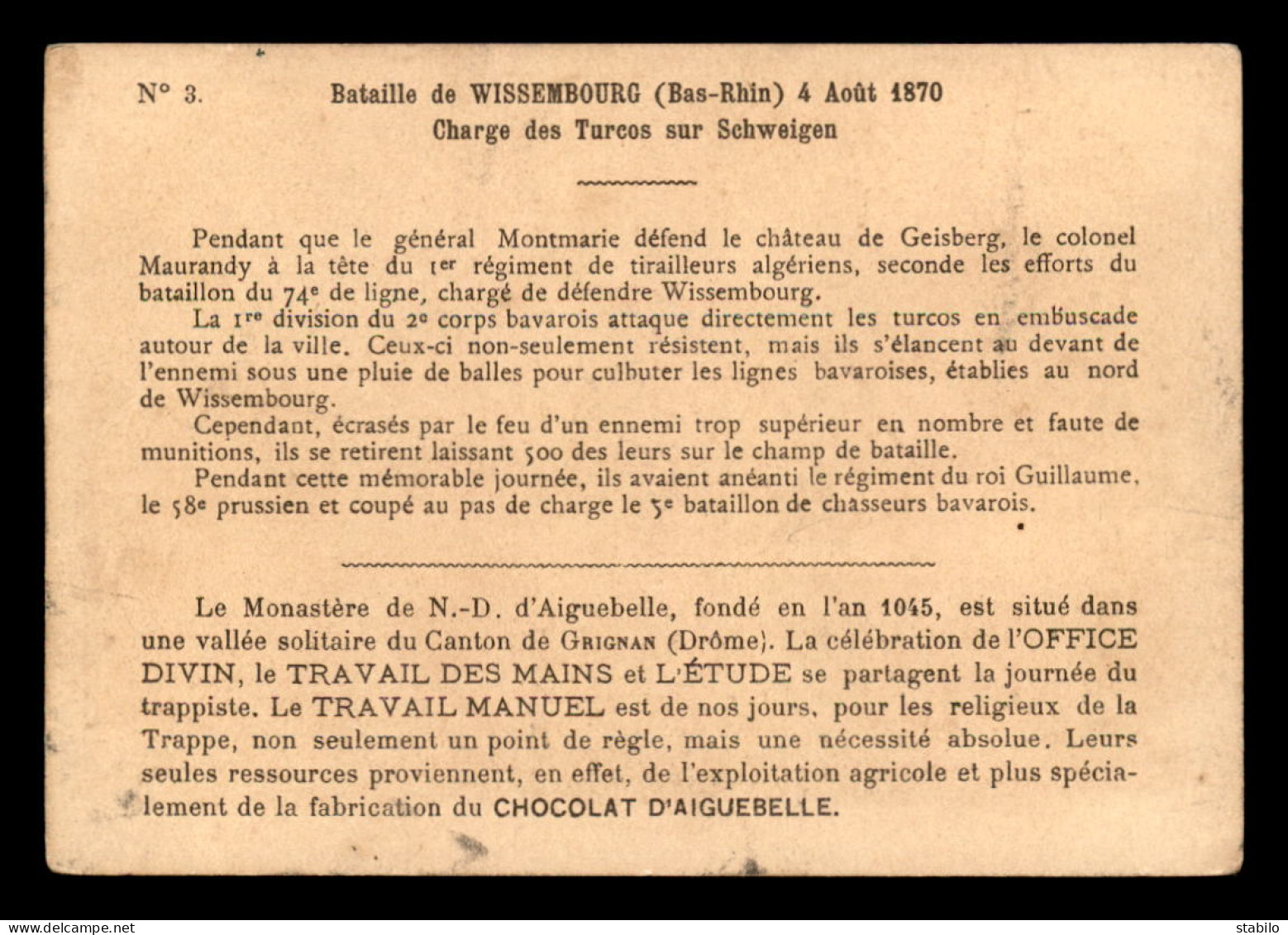 CHROMOS - CHOCOLATERIE D'AIGUEBELLE - BATAILLE DE WISSEMBOURG 1870 - FORMAT  13.5 X 9.5 CM - GUERRE DE 1870 - Aiguebelle