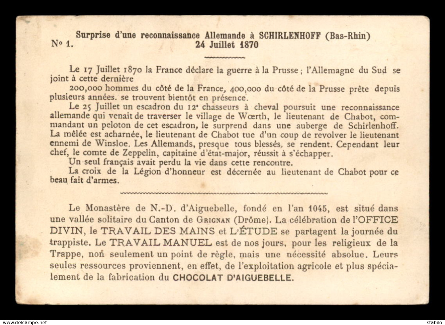 CHROMOS - CHOCOLATERIE D'AIGUEBELLE - BATAILLE DE SCHIRLENHOFF 1870 - FORMAT  13.5 X 9.5 CM - GUERRE DE 1870 - Aiguebelle