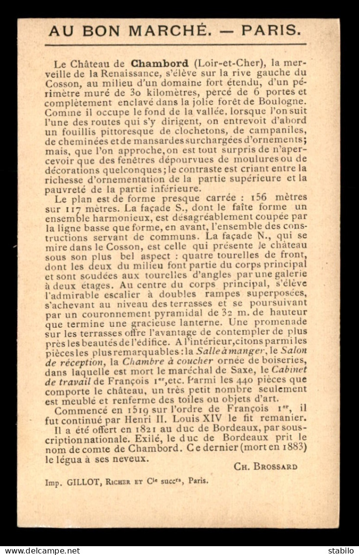 CHROMOS - AU BON MARCHE - CHATEAU DE CHAMBORD - FORMAT 14 X 9 CM - Au Bon Marché