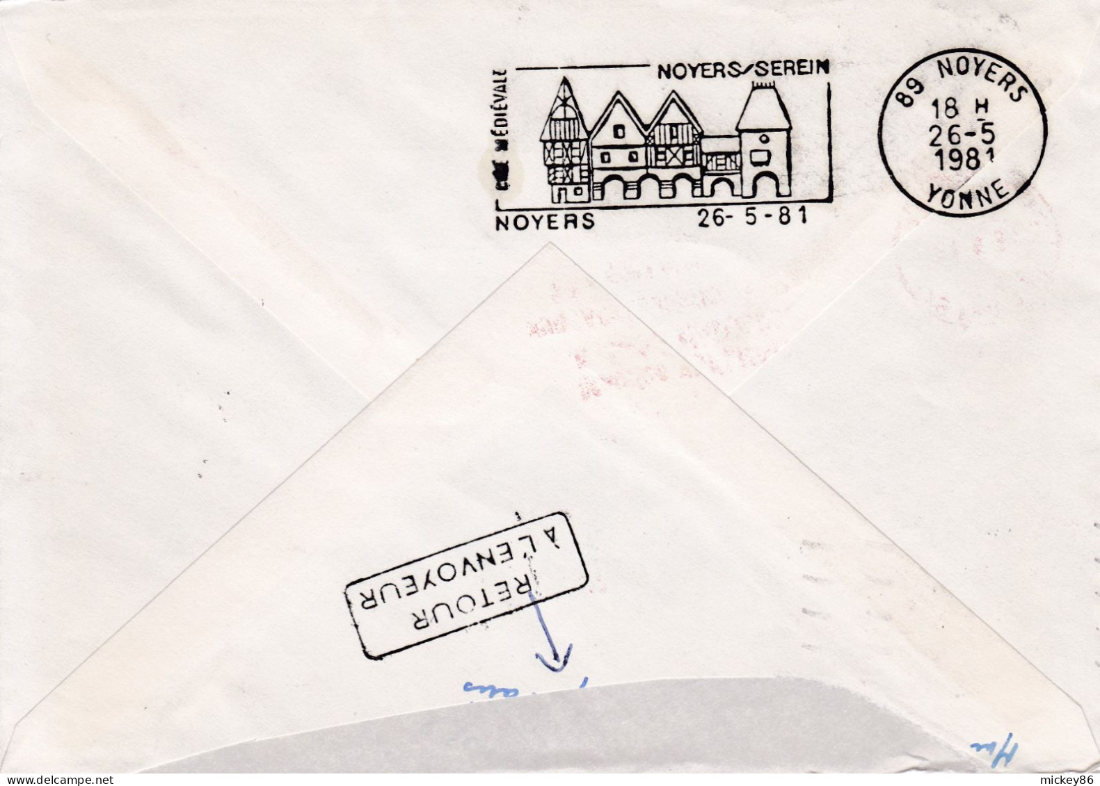 1981-lettre MONTREUIL-62  Pour PARIS Réexp NOYERS-89-tp Sabine ,cachet 19-5-1981--griffes,cachets - 1961-....