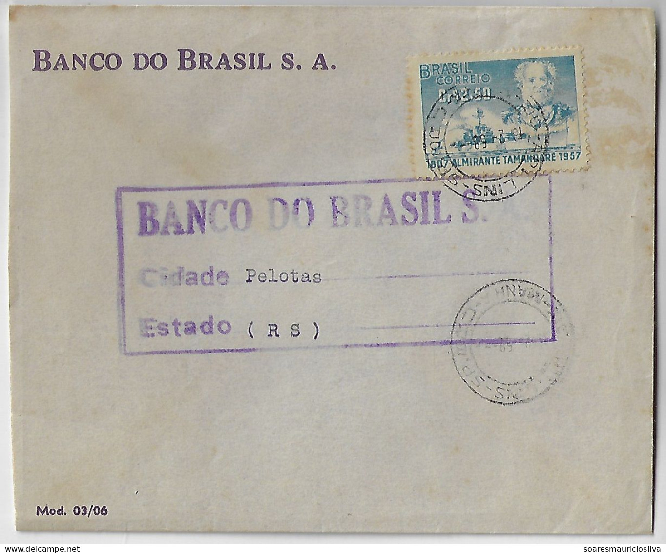 1958 Bank Of Brazil Cover Sent From São Paulo Agency Lins To Pelotas Stamp Admiral Tamandaré Warship - Lettres & Documents