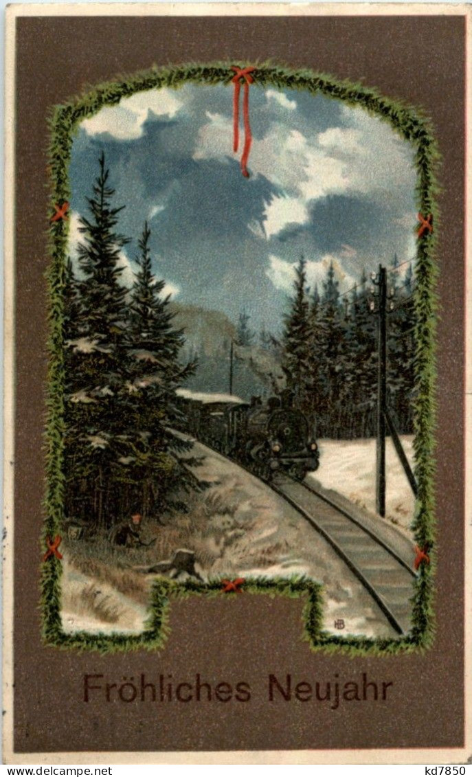 Neujahr - Eisenbahn - Prägekarte - Treni