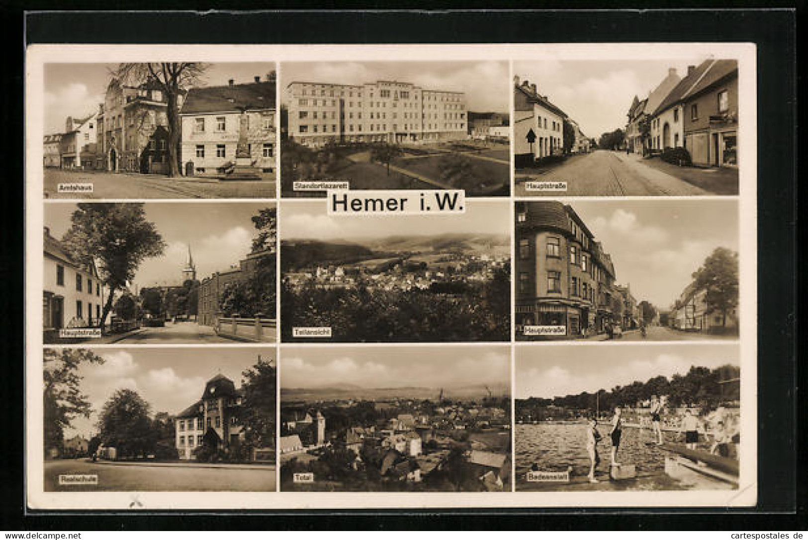 AK Hemer I. W., Standortlazarett, Hauptstrasse, Stadttotale, AMtshaus, Realschule, Badeanstalt  - Hemer