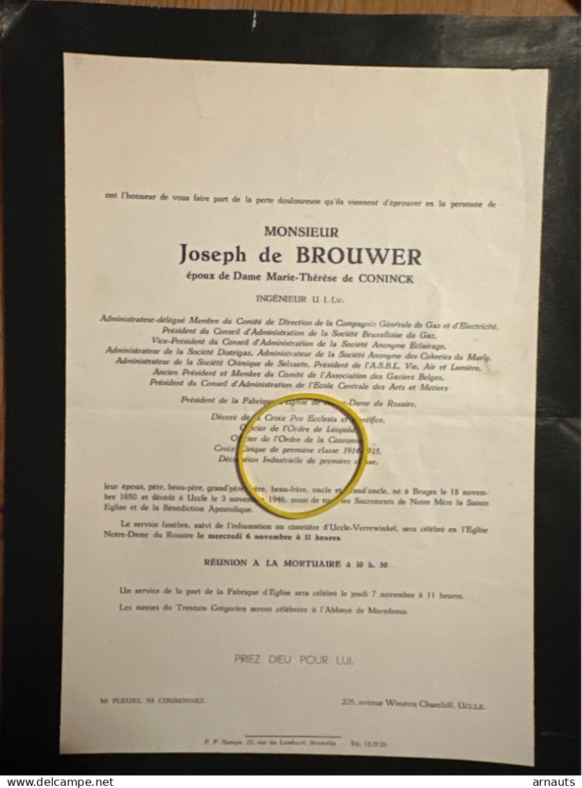 Joseph De Brouwer Epoux De Coninck *1880 Bruges +1946 Uccle Verrewinkel Abbaye Maredsous Favart Wibin Douxchamps Crahay - Décès