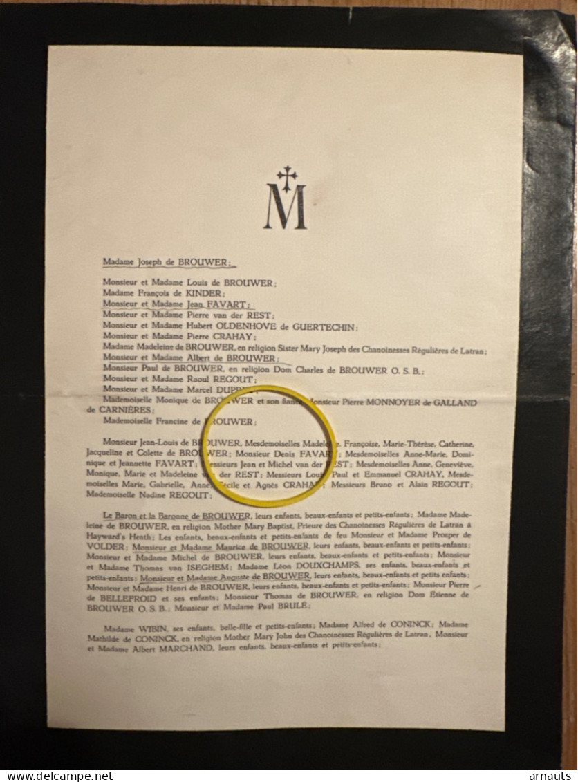 Joseph De Brouwer Epoux De Coninck *1880 Bruges +1946 Uccle Verrewinkel Abbaye Maredsous Favart Wibin Douxchamps Crahay - Todesanzeige