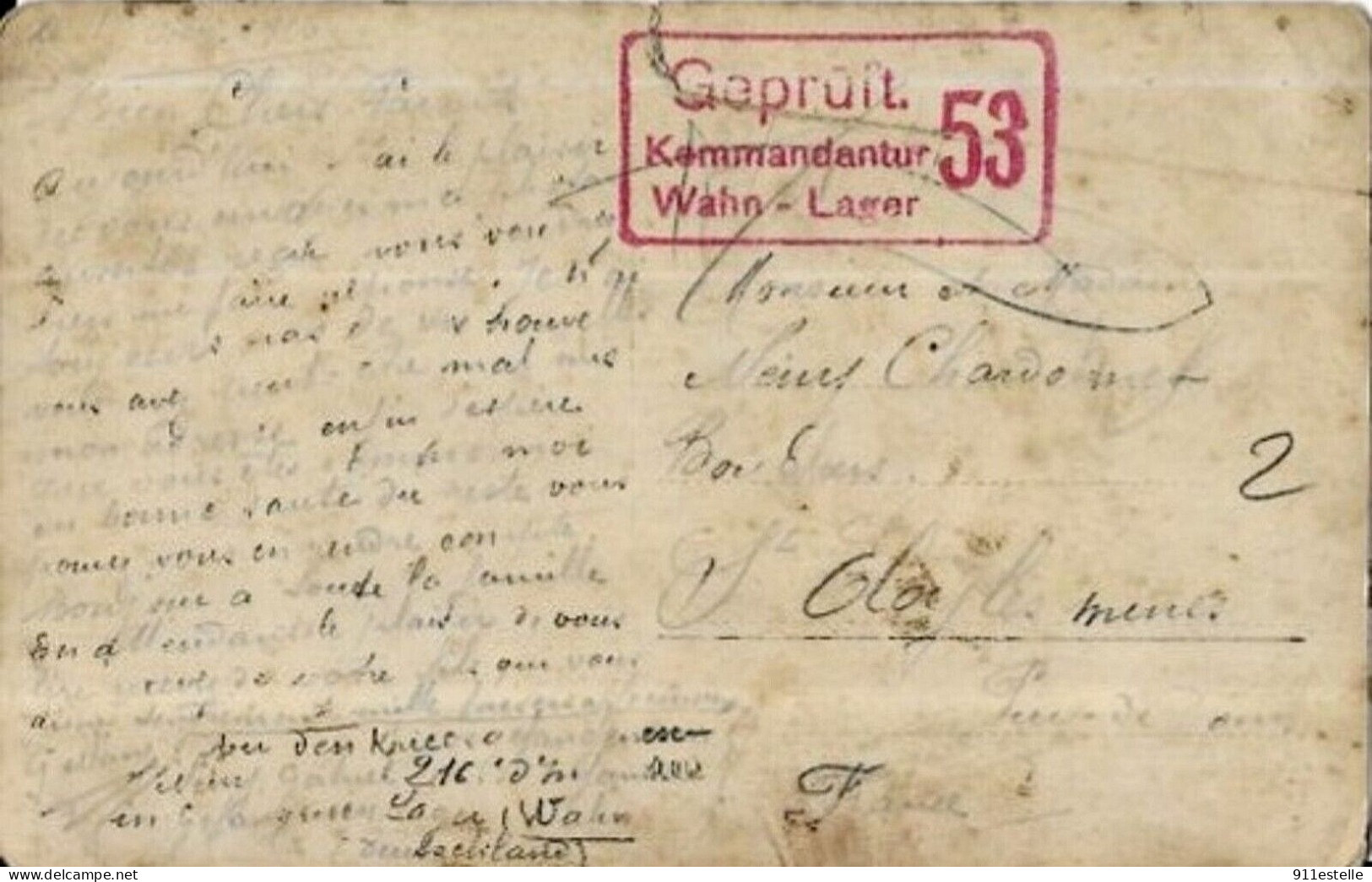 STALAG /Geprüit Kommandantur Wahn Lager 53 En 1916 ( état Coupure - War 1914-18