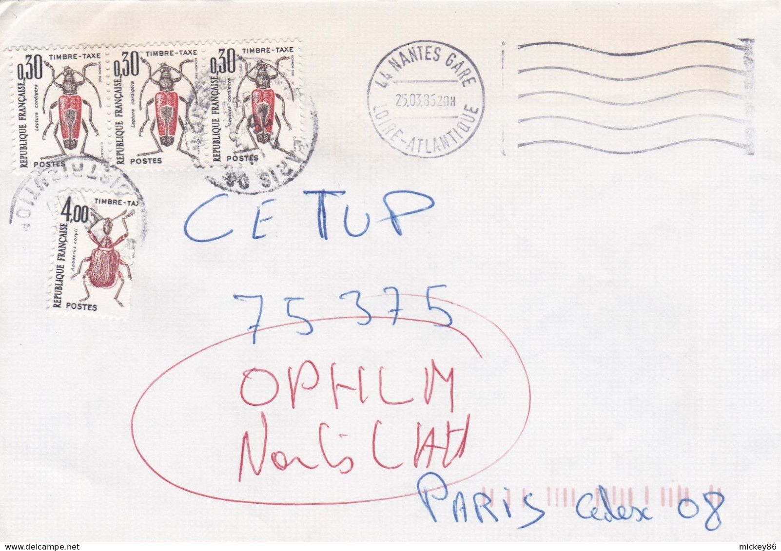 1986-lettre TAXE INTEGRALE De NANTES-GARE-44 Pour PARIS-tp Insectes, Cachet 25-3-1985- Secap Muette - 1961-....