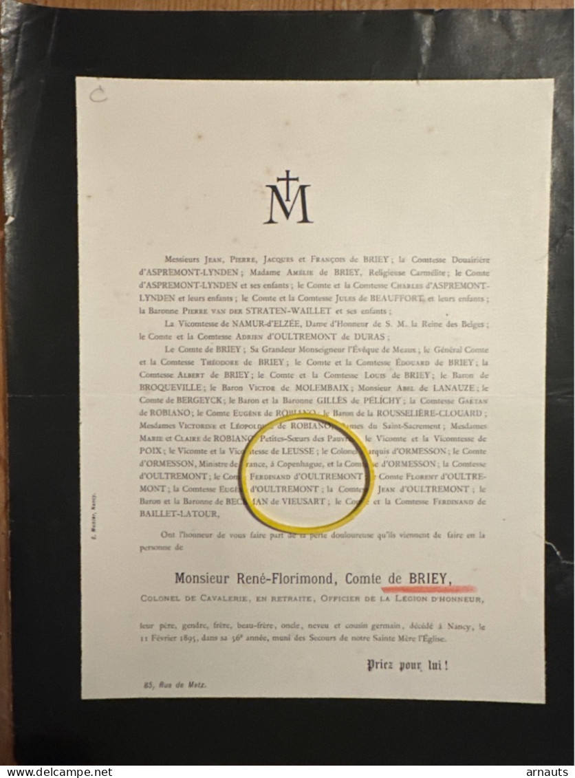 René-Florimond Comte De Briey Colonel Cavalerie Legion D’Honneur *1839+1895 Nancy De Brocqueville D’Oultremont De Duras - Overlijden