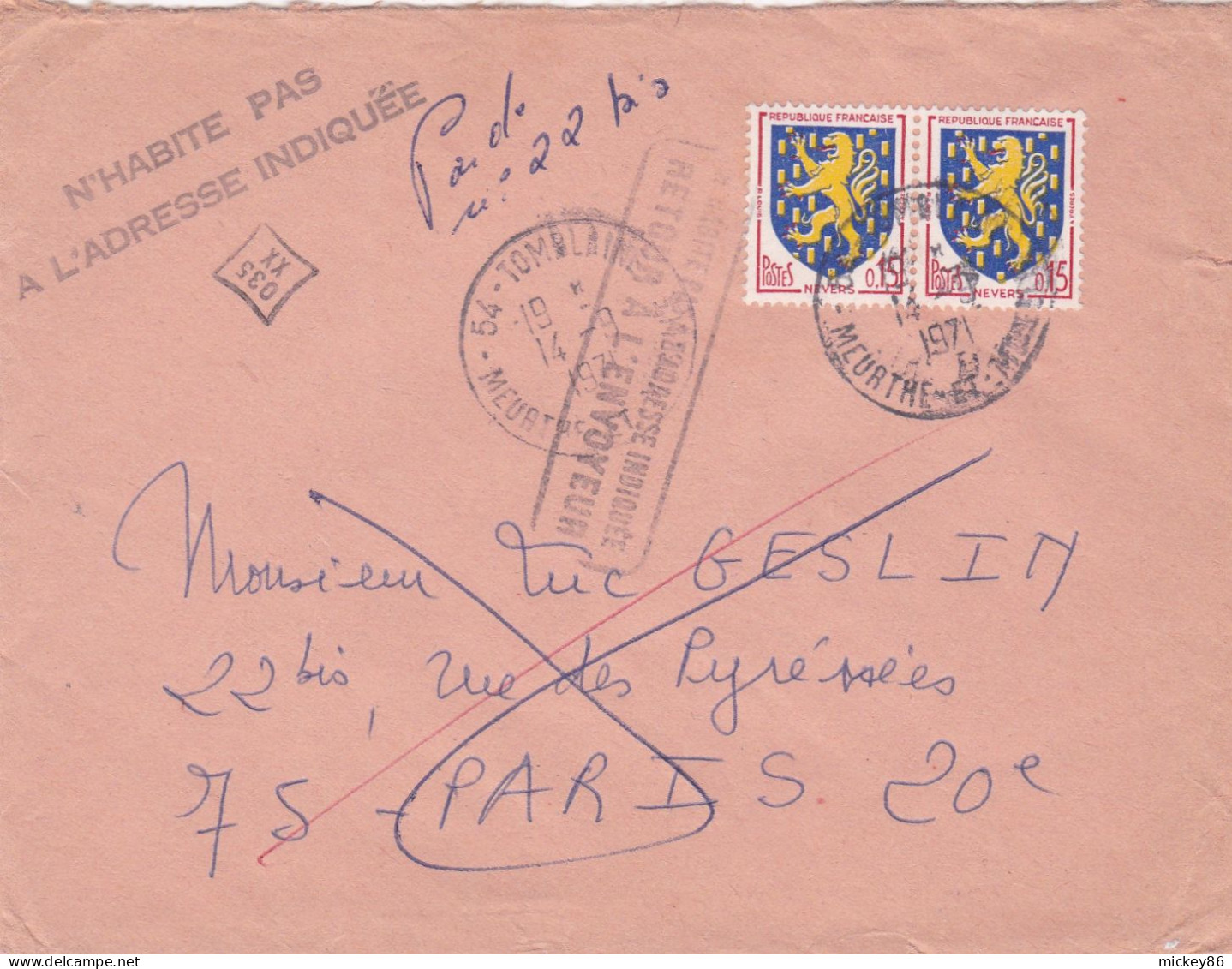 1971-lettre TOMBLAINE-54 Pour PARIS 20°-paire Tps Blason,cachet 14-9-1971- Belles Griffes-pub Bibliomax Vaucouleurs-55 - 1961-....