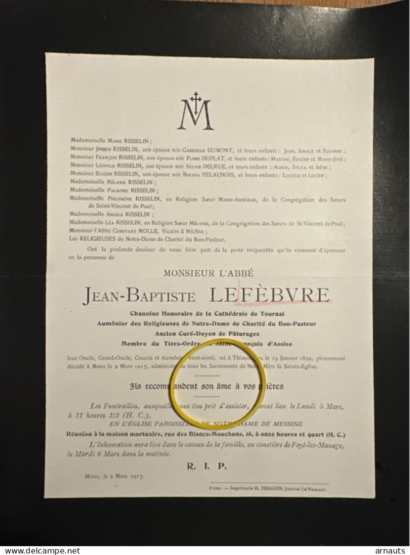 L’Abbe Jean-Baptiste Lefebvre Chanoine TOURNAI Aumonier Cure Doyen Paturages *1839 Thimougies +1917 Mons Messine Fayt - Décès