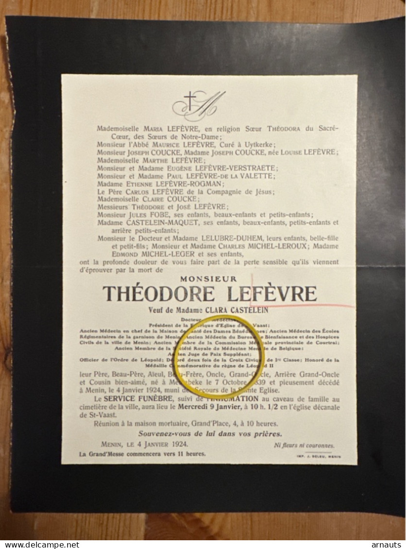 Theodore Lefevre Veuf Clara Castelein Docteur En Medicine St.-Vaast *1839 Meulebeke +1924 Menin Coucke Uitkerke - Décès