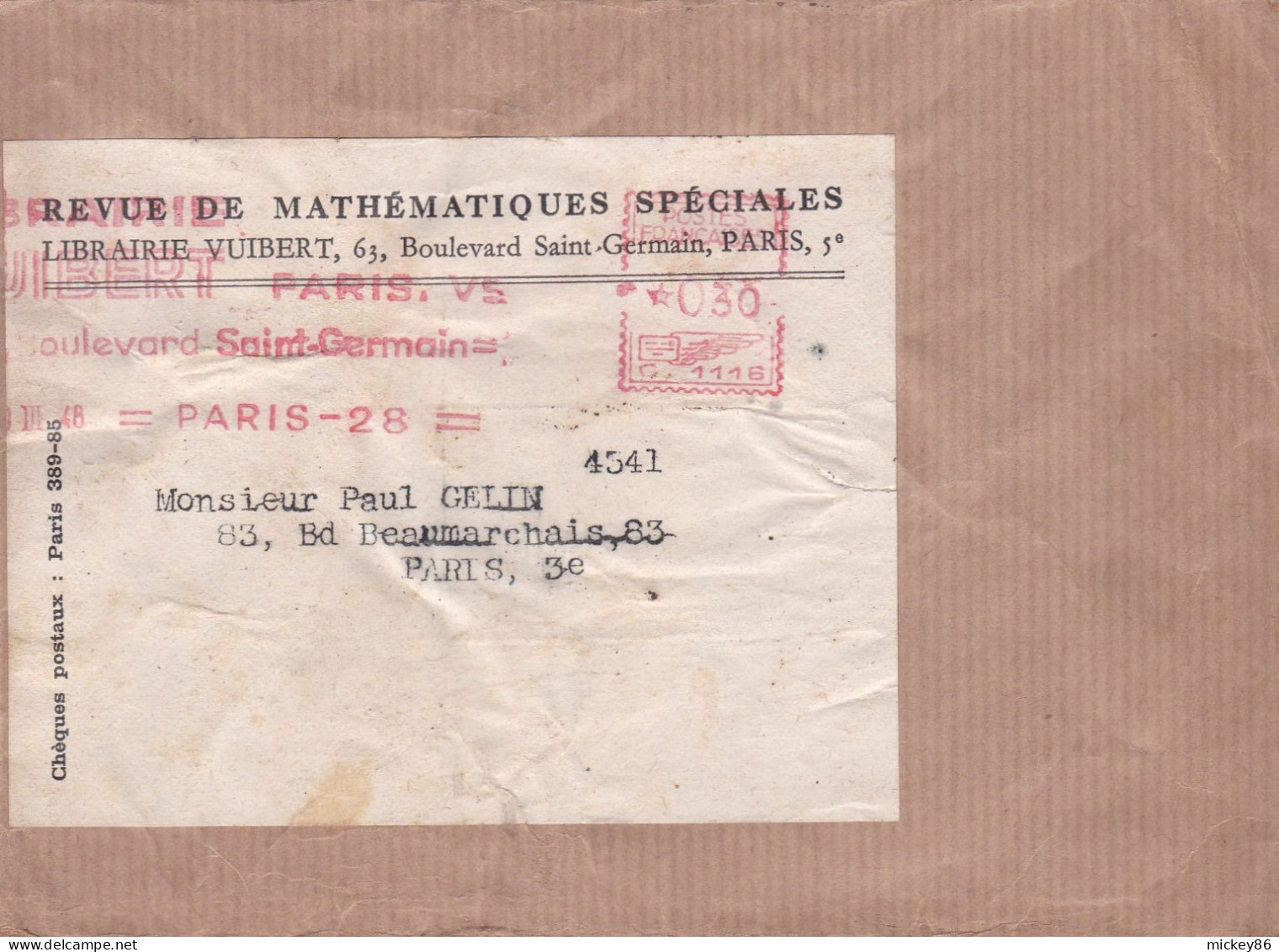 Bande Journal De PARIS-28 Pour PARIS 3°- Cachet ??-3-1948--Librairie Vuibert-Revue Mathématiques- Affrt *030 - EMA (Print Machine)