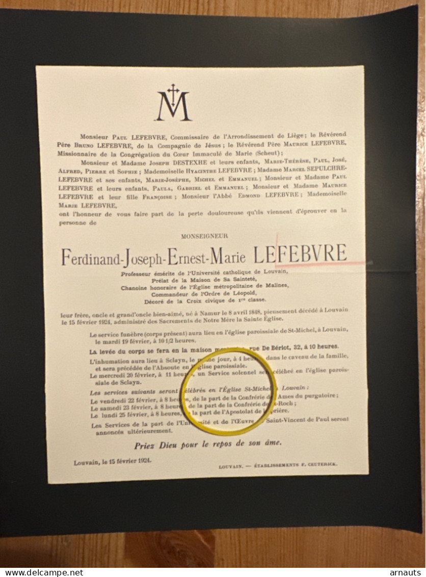 Monseigneur Ferdinand Lefebvre Chanoine Malines Professeur KUL Prelaat Sa Saintete *1848 Namur +1924 Louvain Sclayn - Overlijden