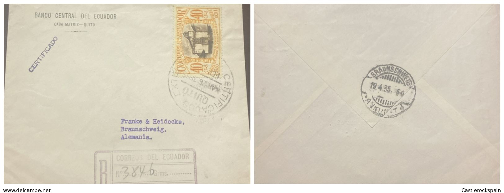 O) 1935 ECUADOR,  SCENE IN QUITO SCT 311 40c,  CIRCULATED TO GERMANY, REGISTERED, BANCO CENTRAL DEL ECUADOR - Ecuador