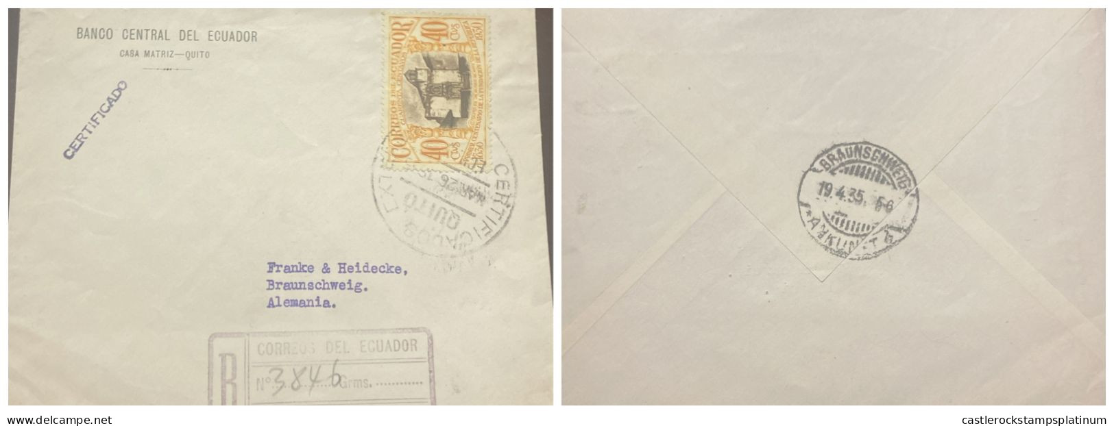 O) 1935 ECUADOR,  SCENE IN QUITO SCT 311 40c,  CIRCULATED TO GERMANY, REGISTERED, BANCO CENTRAL DEL ECUADOR - Equateur