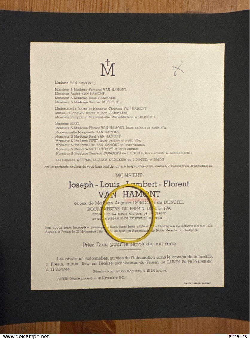 Monsieur Joseph Van Hamont Ep. Donckier De Donceel Bourgmestre Fresin 1896-1941 *1870 Donk +1941 Fresin Montenaken Warem - Décès