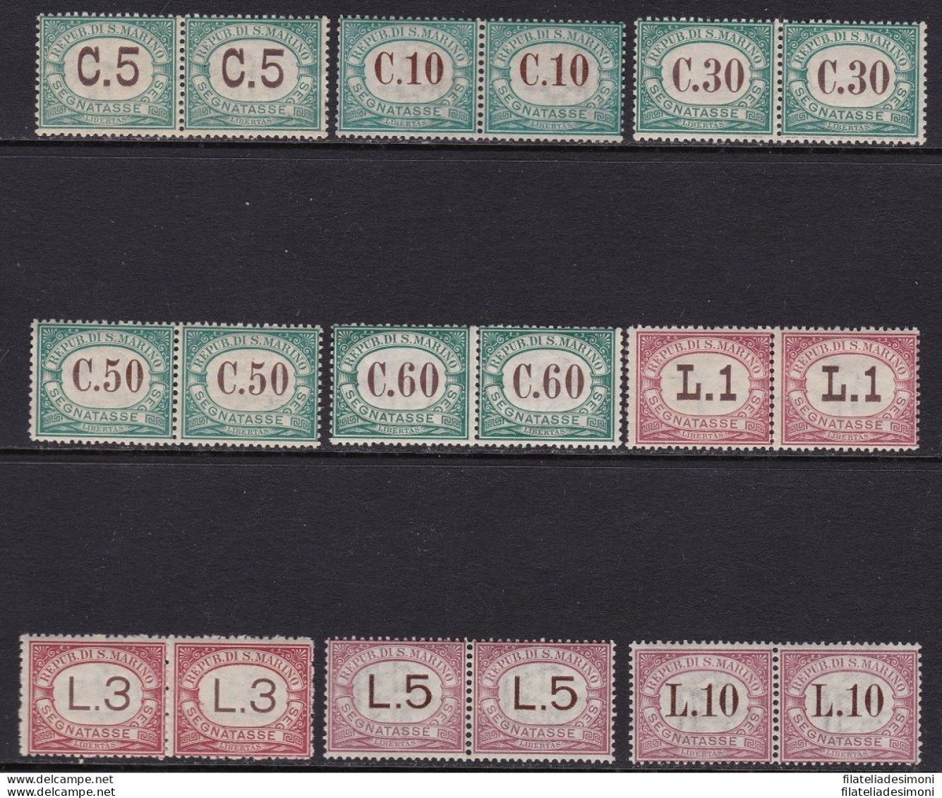 1897-1919 SAN MARINO, Tasse N° 1/9 SERIE COMPLETA  IN COPPIE ORIZZONTALI MNH/** - Other & Unclassified