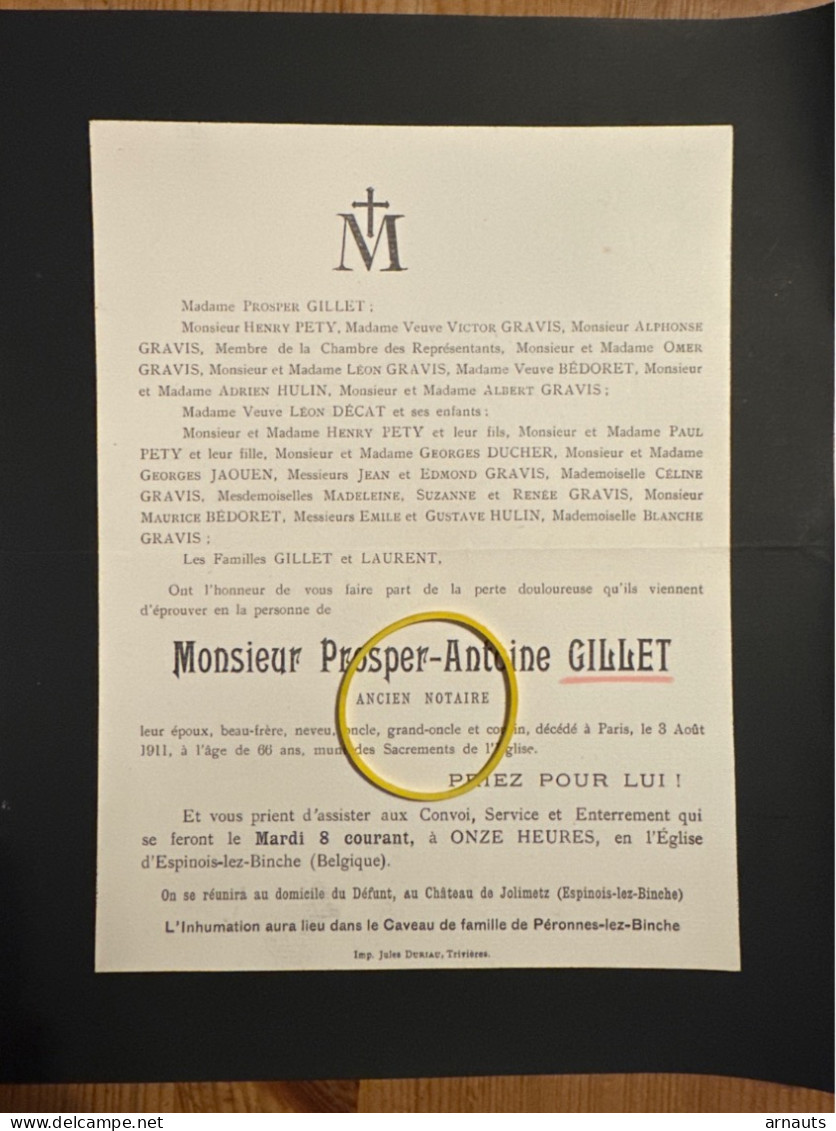 Monsieu Prosper-Antoine Gillet Notaire *1845+1911 Paris Espinois-Lez-Binche Chateau De Jolimetz Trivieres Gravis Bedoret - Todesanzeige