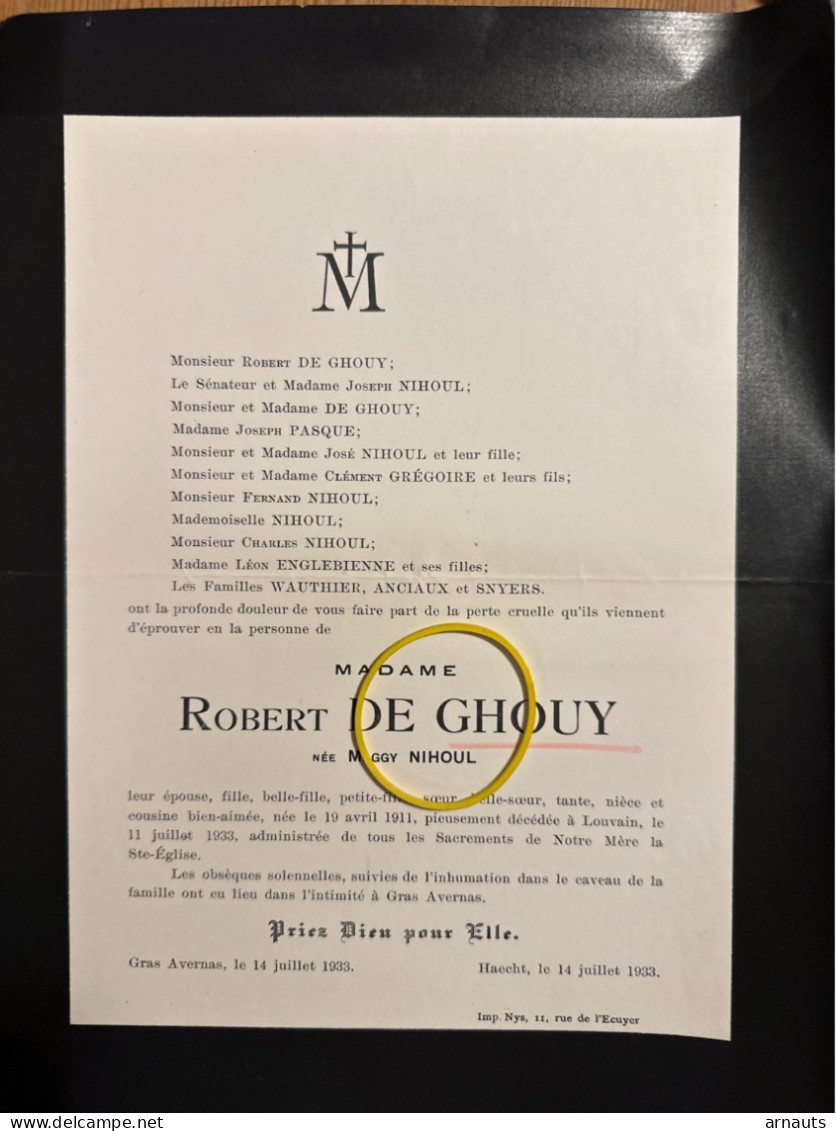 Madame Robert De Ghouy Nee Maggy Nihoul *1911 +1933 Louvain Gras Avernas Haacht Anciaux Snyere Pasque - Overlijden