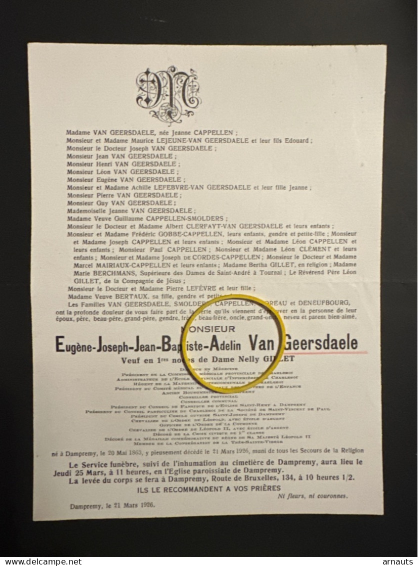 Eugene Van Geersdaele Veuf Gillet Docter Medicine Bourgmestre Conseiller Provincial *1863 +1926 Dampremy Ep. Cappellen - Todesanzeige