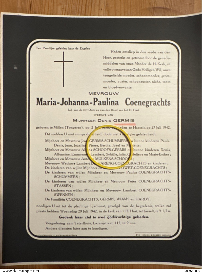 Maria Coenegrachts Wed Germis *1856 Millen Tongeren +1942 Hasselt Mulkens Lowet Wiams Hardy De Hareng Schoofs Schummers - Todesanzeige