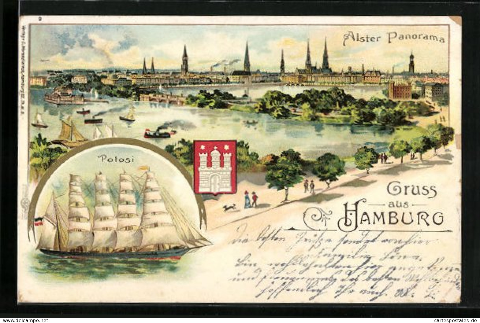 Lithographie Hamburg, Alsterpanorama, Potosi, Wappen  - Mitte