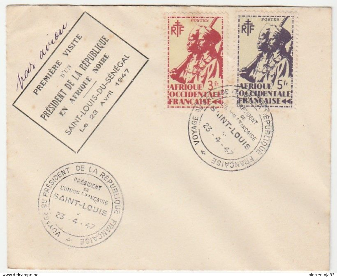 Lettre 1ère Visite D'un Président De La République En Afrique Noire, St Louis Du Sénégal, 1947 - Covers & Documents
