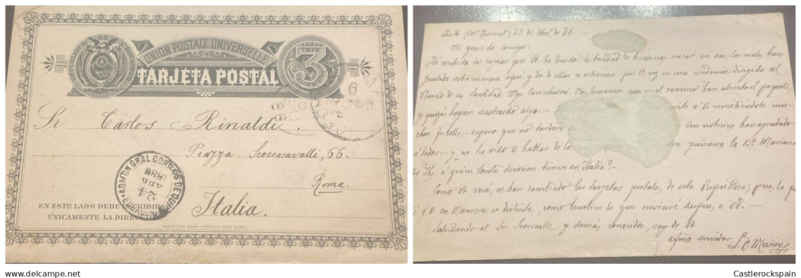 O) 1886 ECUADOR,  POSTAL STATIONERY 3 Centavos De Sucre,  CIRCULATED TO ITALY - Equateur