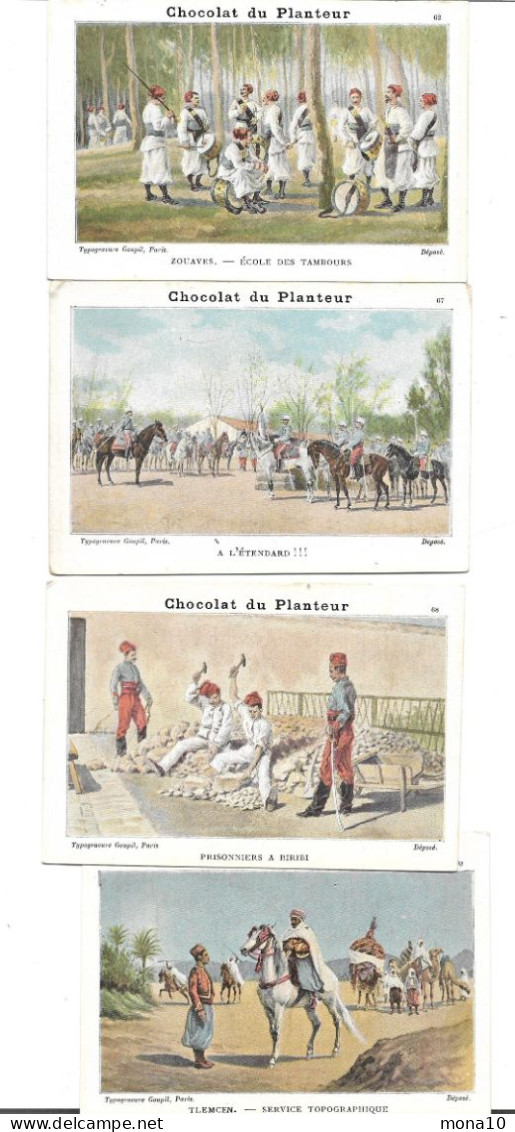 Chocolat Du Planteur - 4 Chromos- étendard, Zouaves école Des Tambours,Tlemcen, Prisonniers à Biribi - Other & Unclassified