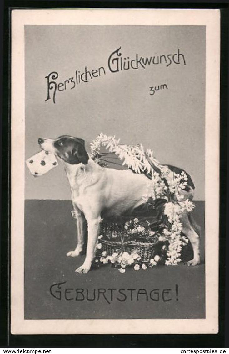 Künstler-AK Hund Mit Blumenkorb Und Brief In Der Schnauze - Geburtstagsgruss  - Dogs