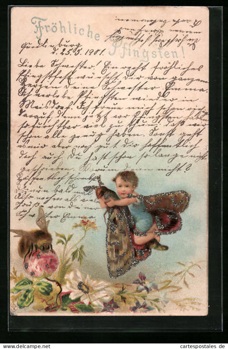 Künstler-AK Kleines Kind Reitet Auf Einem Schmetterling, Biene An Blüte, Blumen - Pfingstgruss  - Insectes