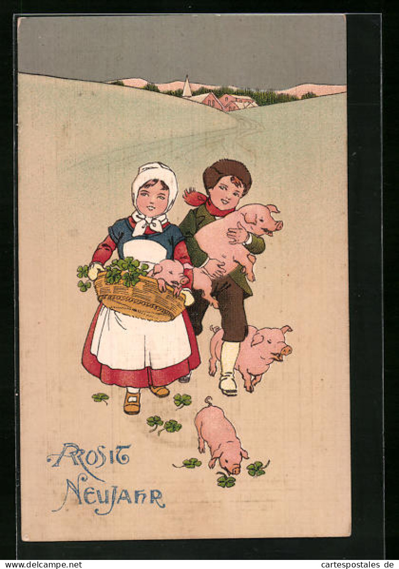 Künstler-AK Mädchen Und Junge Mit Glücksklee Und Drei Schweinchen - Neujahrsgruss  - Cochons