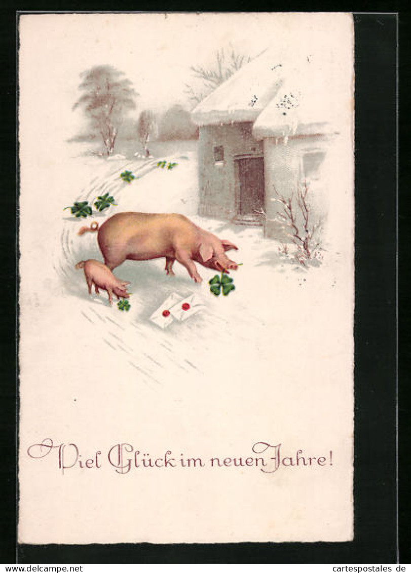 Künstler-AK Muttersau Und Ferkelchen Mit Glücksklee Und Briefen Im Schnee - Neujahrsgruss  - Pigs