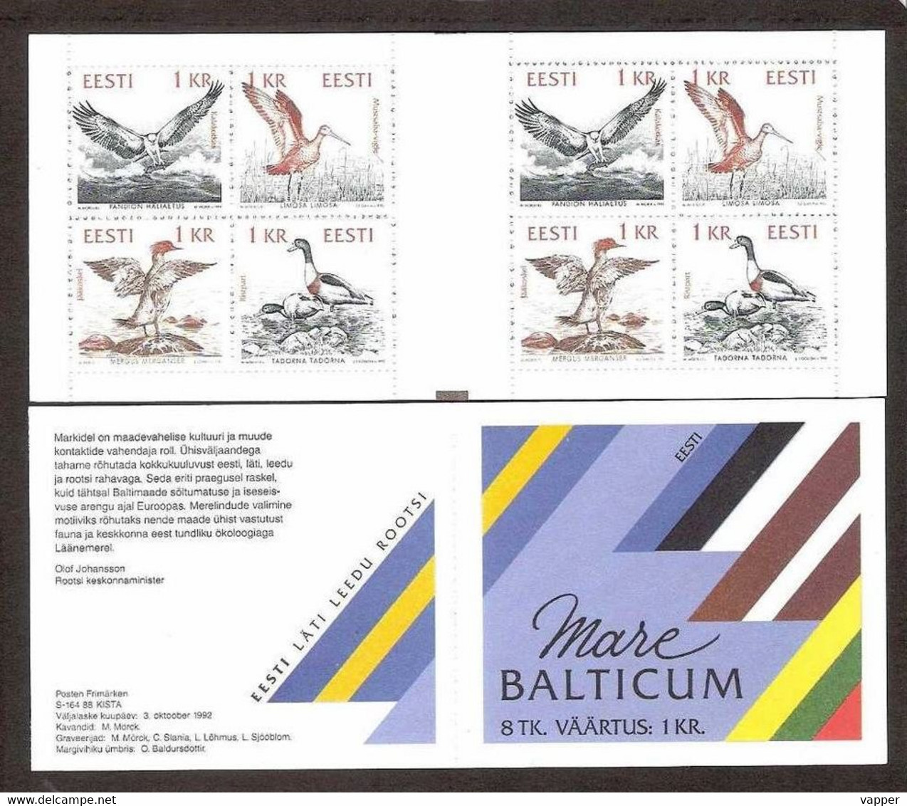 Birds Of The Baltic Estonia 1992 MNH 8 Stamps Booklet Mare Balticum Mi 188-91 - Estonia