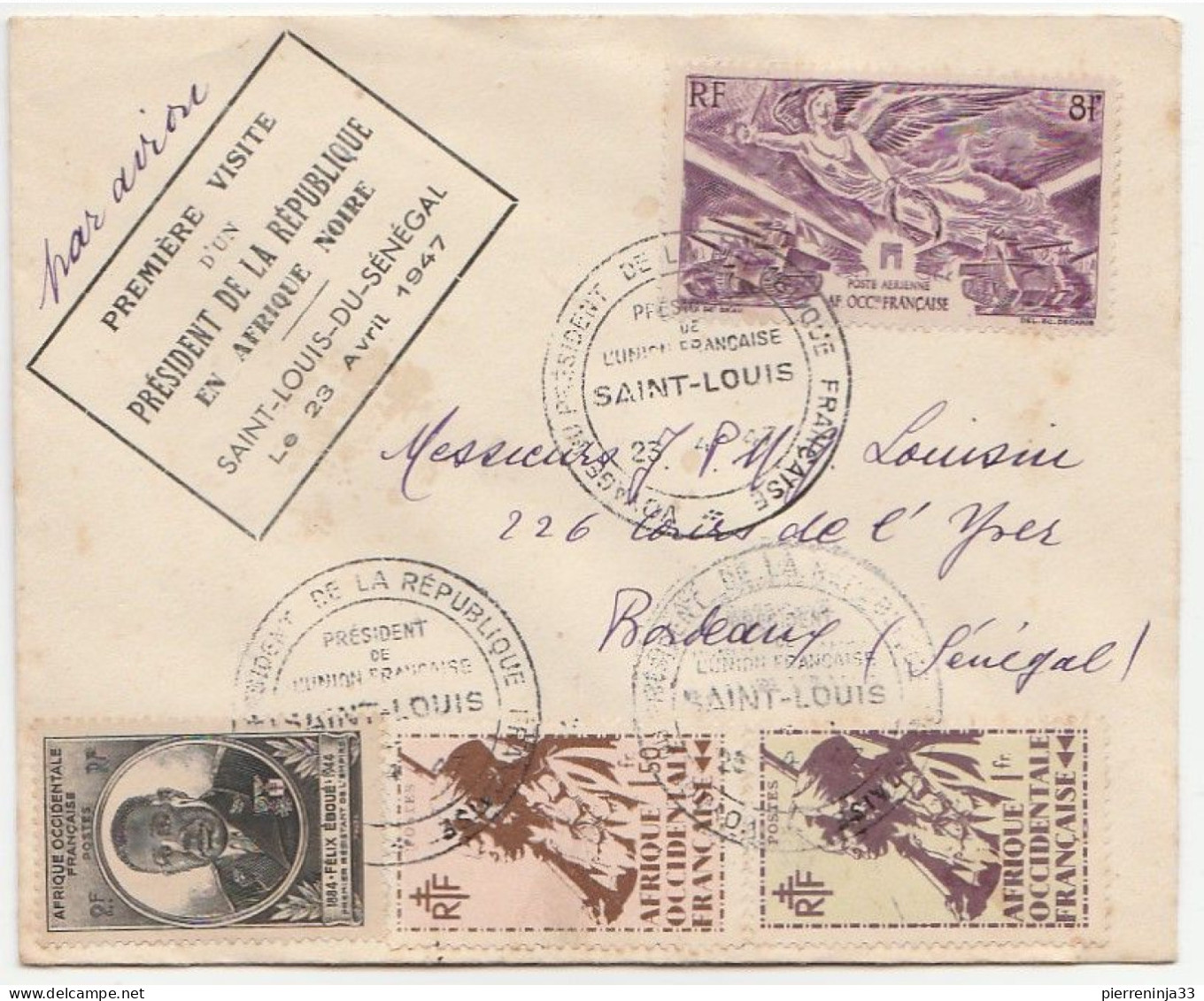 Lettre Recommandée  1ère Visite D'un Président De La République En Afrique Noire, St Louis Du Sénégal, 1947 - Cartas & Documentos
