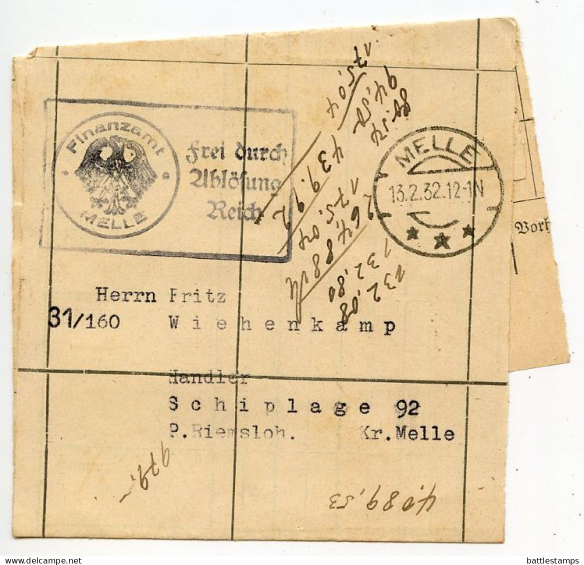 Germany 1932 Official Wrapper; Melle - Finanzamt (Tax Office) To Schiplage - Covers & Documents