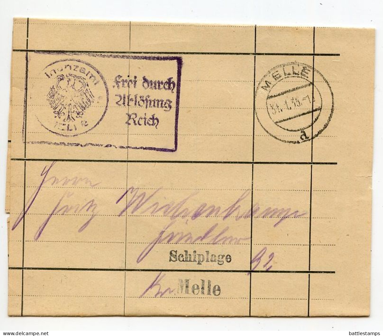 Germany 1935 Official Wrapper; Melle - Finanzamt (Tax Office) To Schiplage - Covers & Documents